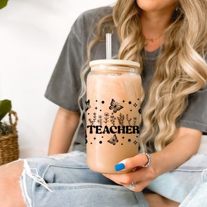Teacher Appreciation Gift Teacher Tumbler Glass Cup, End of Year Personalized Iced Coffee Cup, School Student Thank You Gift for Teachers