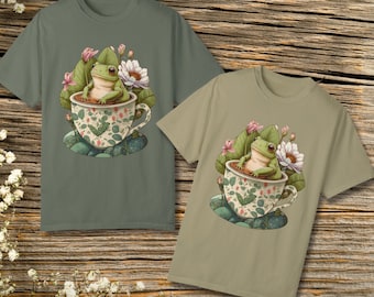 Cottagecore Frog in Teacup Unisex T-shirt, frog lover gift, frog shirt, frog toad shirt, nature T-shirt, trendy t-shirt, vintage T-shirt