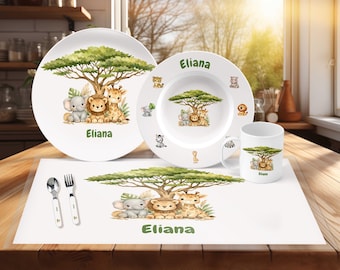 Personalized Kids Plate, Safari Animal Plate, Jungle Toddler Unbreakable Plate, Gift for Kids, Custom Name Plate, Baby 1st feeding set