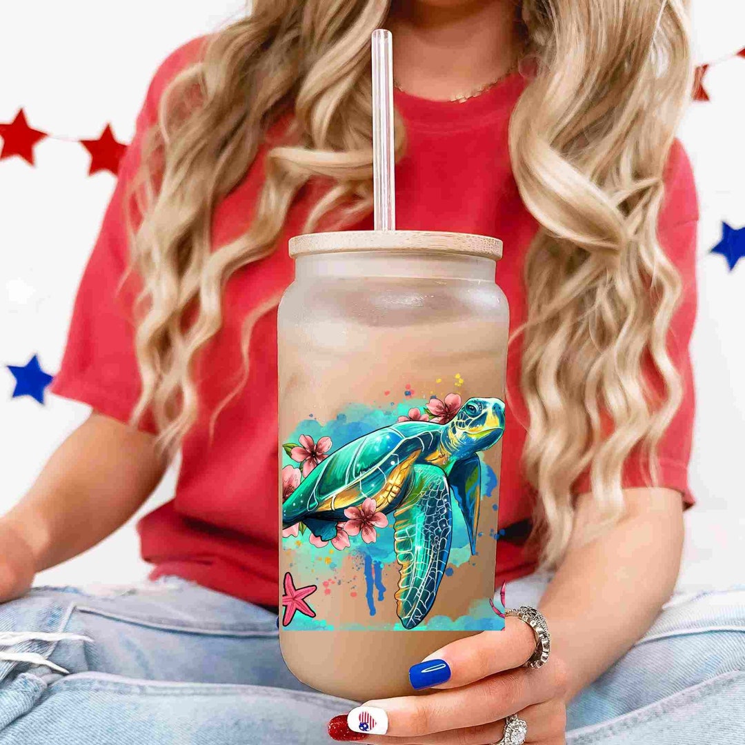 Turtle Glass Tumbler With Lid And Straw Sea Turtle Iced Etsy