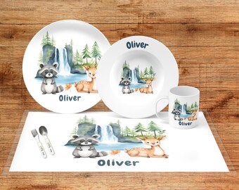 Personalized Baby Gift Dinner Set, Kids Personalized Dinnerware, Woodland Animals Plate, Custom Child Plate and Mug, Toddler christmas gift