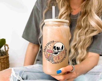 Dead Inside But Caffeinated Glass Tumbler with Bamboo Lid and Straw, Iced Coffee Cup, skull coffee tumbler