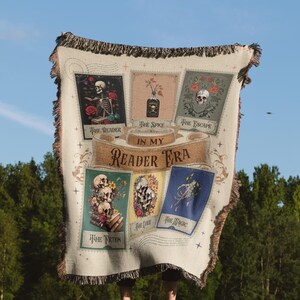 Reader Era Woven Blanket, Booklover heirloom woven picnic blanket, Gift for book lovers, Tarot Reading blanket, Skull woven blanket.