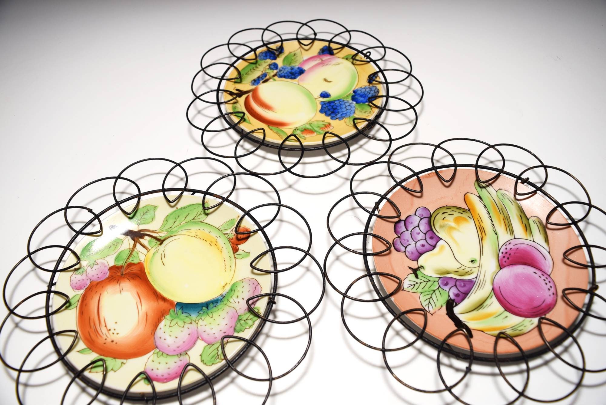 Vintage Fruit Plates Hand Painted in Decorative Black Wire Etsy