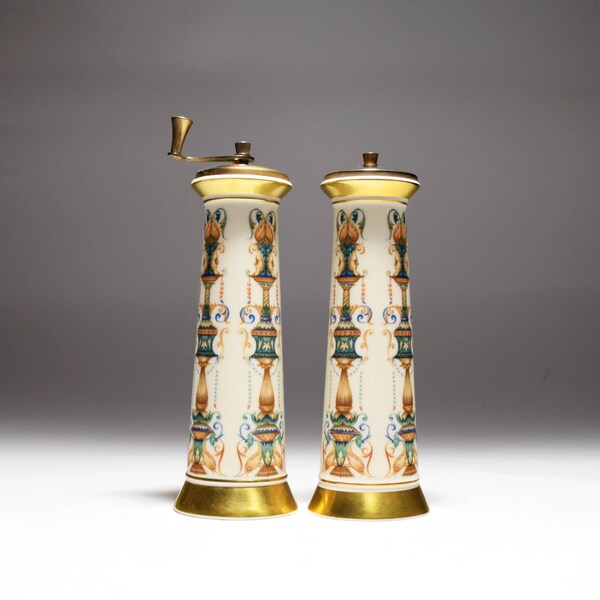 Lenox Pepper Mill Set,Lido Collection, 24K Gold Bands. Never Used. Hand Painted Fine China Porcelain and Brass, Circa 1971