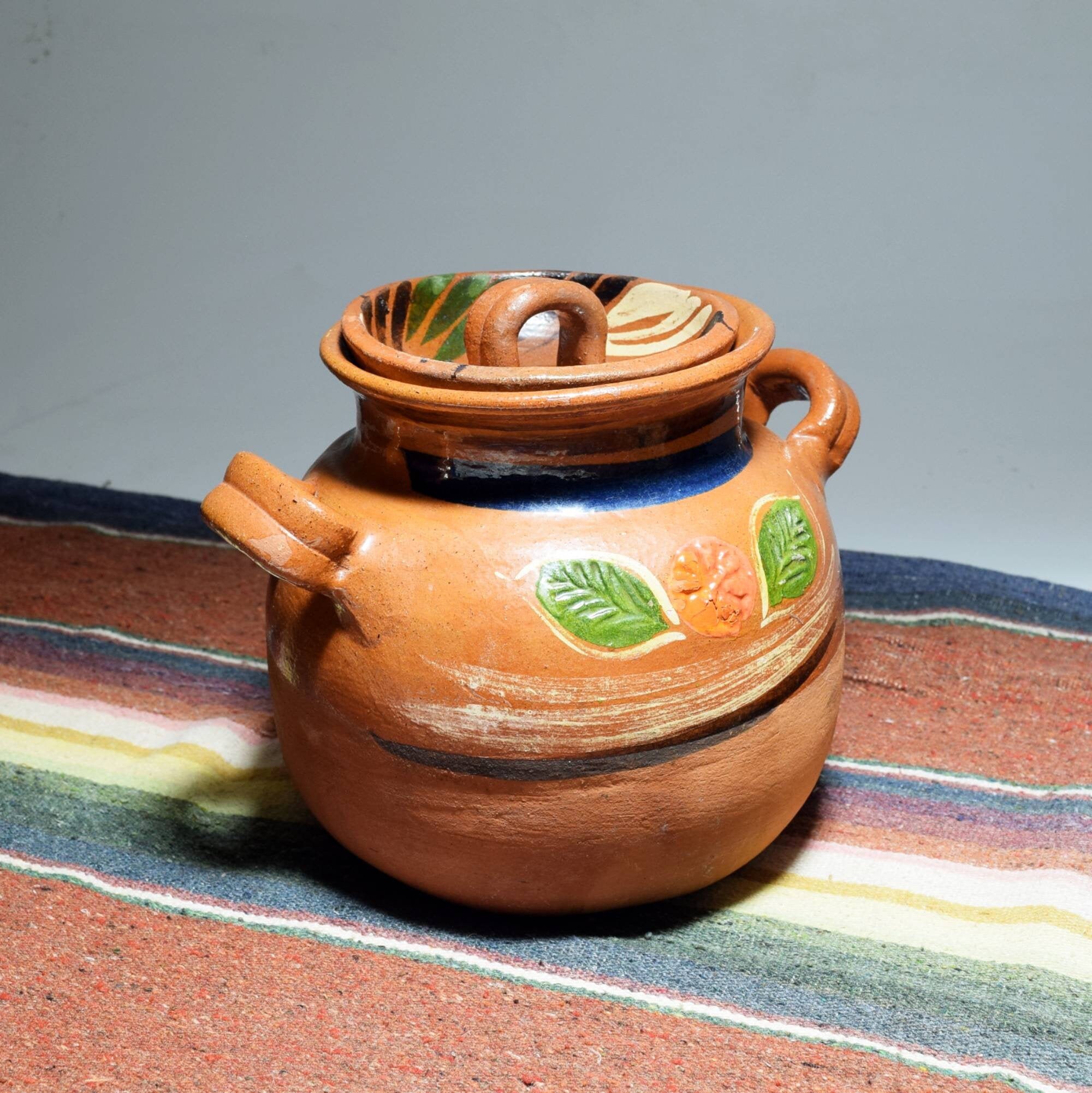 Old Mexican Terracotta Bean Pot Hand Painted Spelling Error