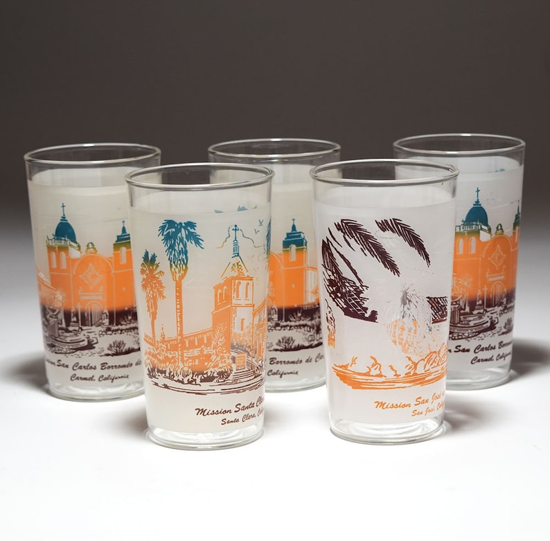 California Mission Frosted Tourist Tumblers by Libby 1950/'s Vintage-Lot of 8