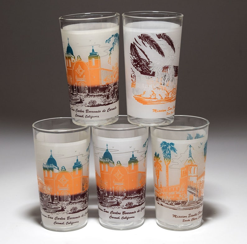 California Mission Frosted Tourist Tumblers by Libby 1950/'s Vintage-Lot of 8