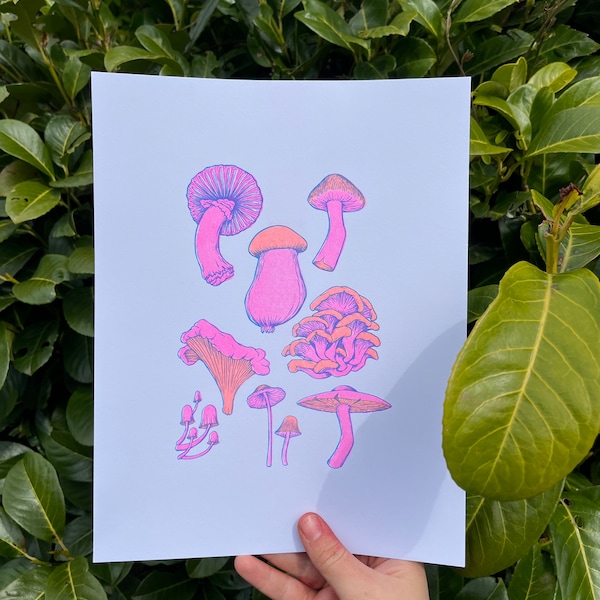 3 color Risograph botanical mushrooms print 8.5x11 wall art