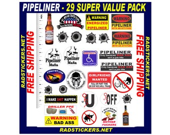 Pode incluir: Um conjunto de 29 adesivos com uma variedade de designs relacionados à indústria de petróleo e gás. Os adesivos incluem frases como "Pipeliner Mafia", "Aviso Bad Ass" e "Eu faço merda acontecer".