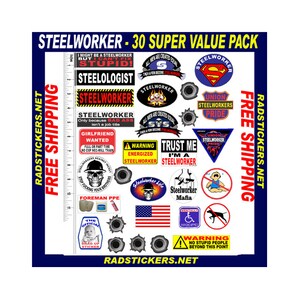 hard hat stickers, STEELWORKER, 30 sticker super value pack