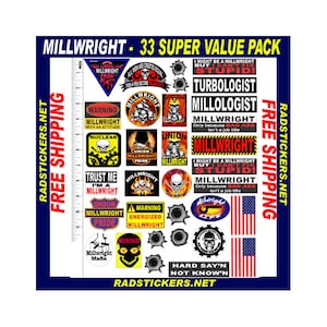 hard hat stickers, MILLWRIGHT, 33 sticker super value pack