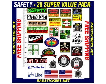 May include: A set of 28 safety themed stickers. The stickers feature a variety of designs, including skulls, crosses, and slogans. The stickers are printed on white paper and are approximately 2 inches in diameter. The stickers are arranged in a grid pattern on a blue background. The text "SAFETY - 28 SUPER VALUE PACK" is printed at the top of the image. The text "RADSTICKERS.NET FREE SHIPPING" is printed on the left and right sides of the image.