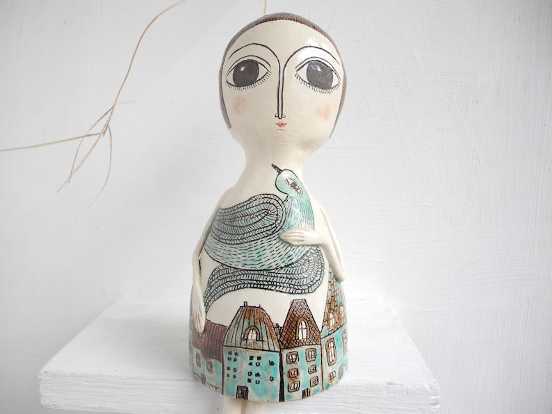 Ceramic sculpture,Ceramic doll,One of a kind doll,Art doll,Hand built sculpture,Clay sculpture,Wall hanging sculpture Blue city person
