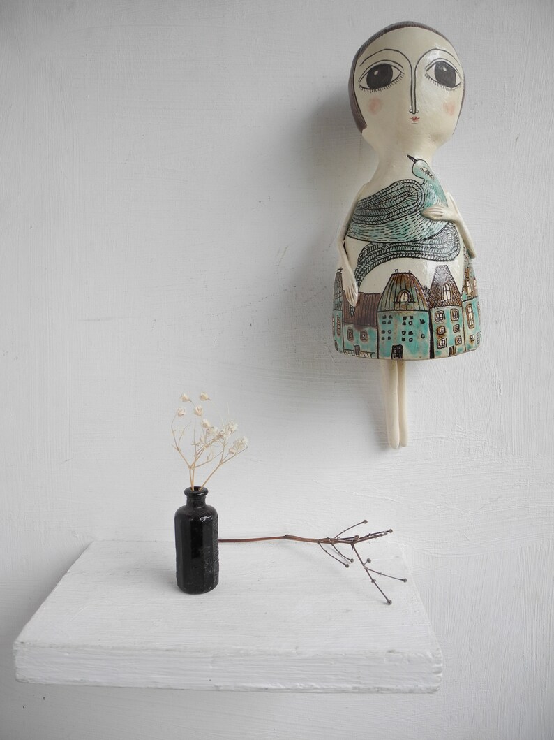 Ceramic sculpture,Ceramic doll,One of a kind doll,Art doll,Hand built sculpture,Clay sculpture,Wall hanging sculpture Blue city person