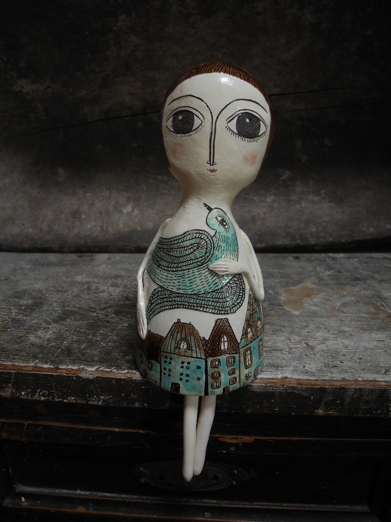 Ceramic sculpture,Ceramic doll,One of a kind doll,Art doll,Hand built sculpture,Clay sculpture,Wall hanging sculpture Blue city person