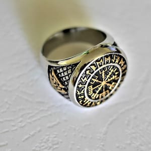 Anillo con sello de Vegvisir y Valknut: talismán vikingo de protección, amuleto nórdico, joyería esotérica mixta, regalo original, magia blanca