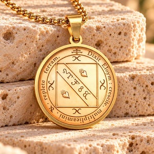 Könnte beinhalten: Eine goldfarbene, runde Anhängerkette mit einem eingravierten quadratischen Design, einer diagonalen Linie, zwei Herzsymbolen und dem Text STF&. Der äußere Rand enthält die lateinische Inschrift Dixit Eloym: crescite, multiplieamini, replete ferram.