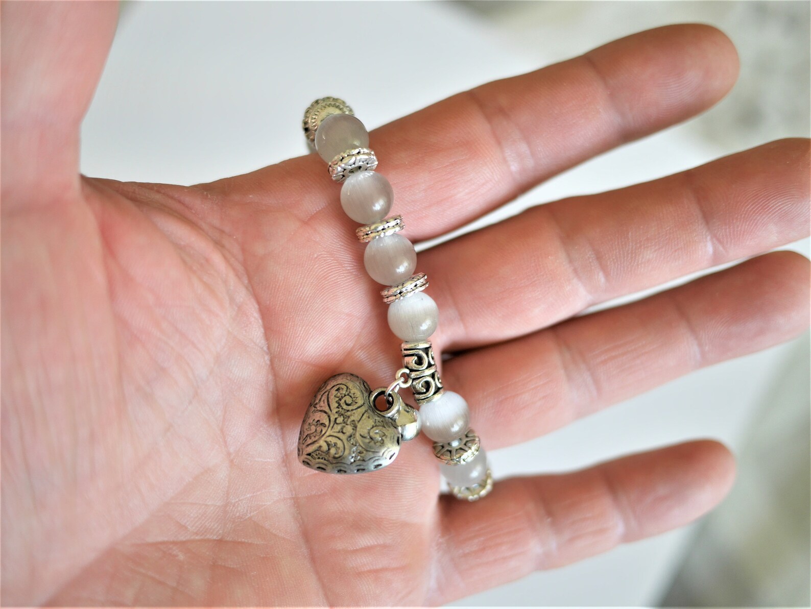 Bracelet Perles Oeil De Chat Sur Mesure - Fait Main, Sans Fermoir, Couleur Rose