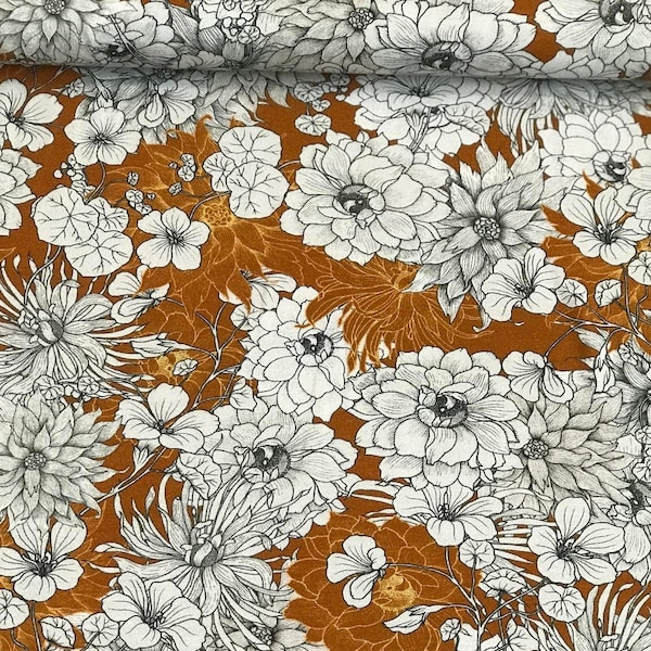 Viscose jersey "White fantasy flowers on curry". BE: 50 cm