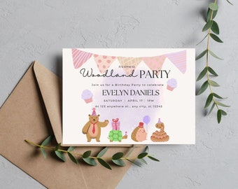 Woodland Party Birthday Invitation Editable Birthday Invite Printable Woodland Party Canva Pro