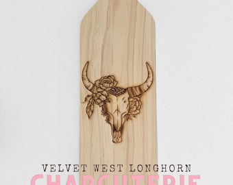 Longhorn Charcuterie Board | Engraved Western Serving Board | Floral Cow Skull Wood Board | Kitchen Decor | The Velvet West Collection