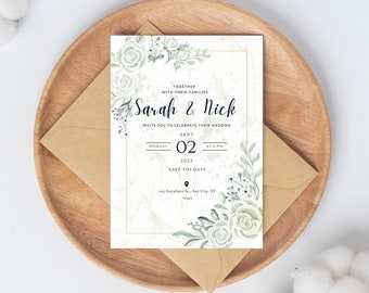 Wedding Save The Date Canva PRO editable template Green Invitation Instant download