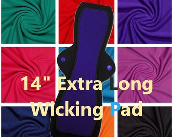 Pick a Color: Extra Long Reusable Menstrual Pad or Liner (14" Heavy, moderate or Light Absorbency with Wicking Jersey Topper)