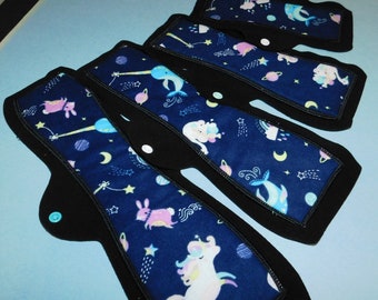 Any Size: Narwhal, Swan, Unicorn, Bunny, Rainbow, Galaxy Print Flannel. 100% Cotton Topped Cloth Pads & Pantyliners from Cozy Folk. USA Made