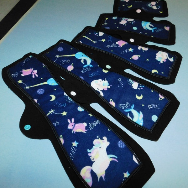 Any Size: Narwhal, Swan, Unicorn, Bunny, Rainbow, Galaxy Print Flannel. 100% Cotton Topped Cloth Pads & Pantyliners from Cozy Folk. USA Made