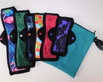 Try Reusable Cloth Pads! Menstruation Starter Set with Wet Bag Option. Day Pads and Overnight Sizes for Plus Size or Small Youth, and Adults