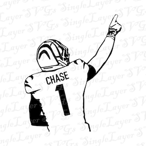 May include: Black and white silhouette of a football player wearing a jersey with the number 1 and the name "CHASE" on the back. The player is raising his right arm in the air, pointing with his index finger.