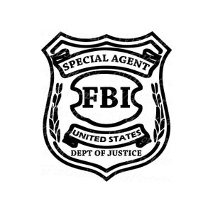 Peut inclure: Illustration en noir et blanc d'un badge du FBI avec le texte "Special Agent FBI United States Dept of Justice".