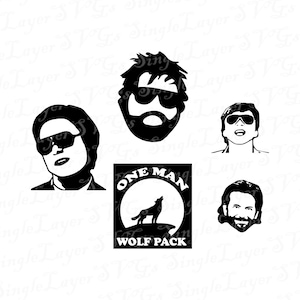 Le paquet de fichiers eps pdf jpg du film Hangover SVG DXF PNG pdf jpg | alan la gueule de bois svg | M. Chow svg | un homme wolf pack svg