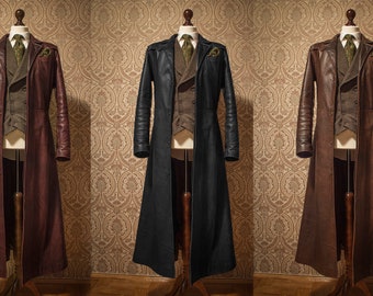 Long Leather Trench Coat duster steampunk Victorian fantasy style