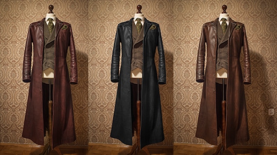 Long Leather Trench Coat Duster Steampunk Victorian Fantasy Style 