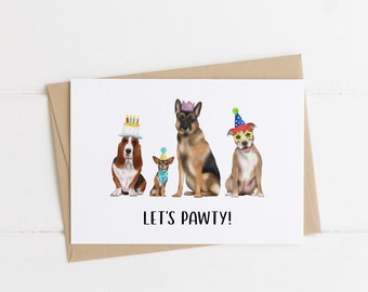 Birthday Card: Let's Pawty - Dog Pun, Dog Birthday Card, Dog Party Card, Dog Celebration Card