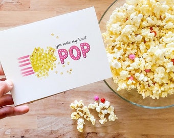 Love Card: You Make My Heart Pop -  Funny Valentine's Day Card, Food Pun Card, Anniversary Card, Just Because, Galentine's Day, Popcorn Pun