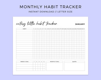 Cute Monthly Habit Tracker | Habit Tracker Printable Template | Habit Tracker Download PDF | Monthly Goal Tracker | Landscape Habit Tracker