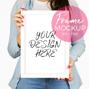 Frame mockup, editable background, girl holding frame, photoshop smart object, wall art mockup, stock photography, styled photography