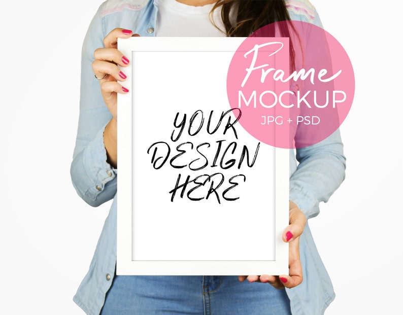 Frame mockup, editable background, girl holding frame, photoshop smart object, wall art mockup, stock photography, styled photography image 1