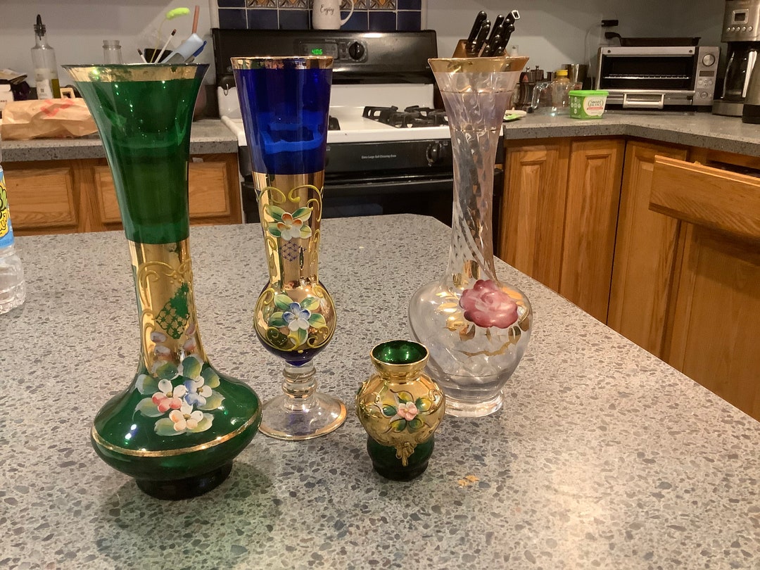 Lot of 4 Vintage Hand Painted Glass Vases Etsy