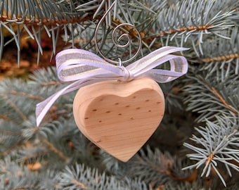 Handmade Christmas Tree Ornament - by Lillie Stones - Wood Heart Ornaments - White and Gold Ribbon Design - Xmas Decor
