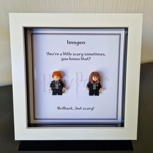 Peut inclure: Un cadre blanc avec un passe-partout blanc et un fond violet clair. Le cadre contient deux figurines Lego, l'une de Harry Potter et l'autre d'Hermione Granger. Le texte dans le cadre est "Imogen, You're a little scary sometimes, you know that? Brilliant...but scary!"