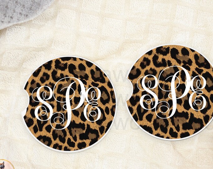 Set of 2 Car Coasters Leopard Print and Large Monogram Personalized