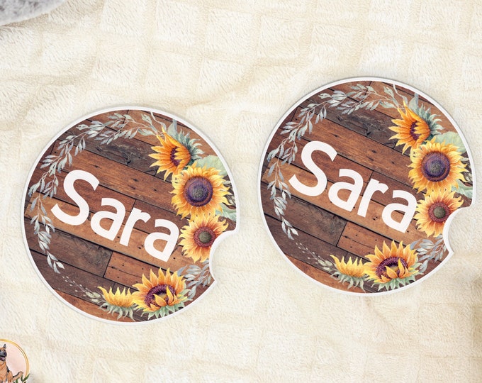 Set of 2 Car Coasters Sunflowers on Wood  Personalized  Farmhouse Rustic Style Stocking Stuffer Small Gift
