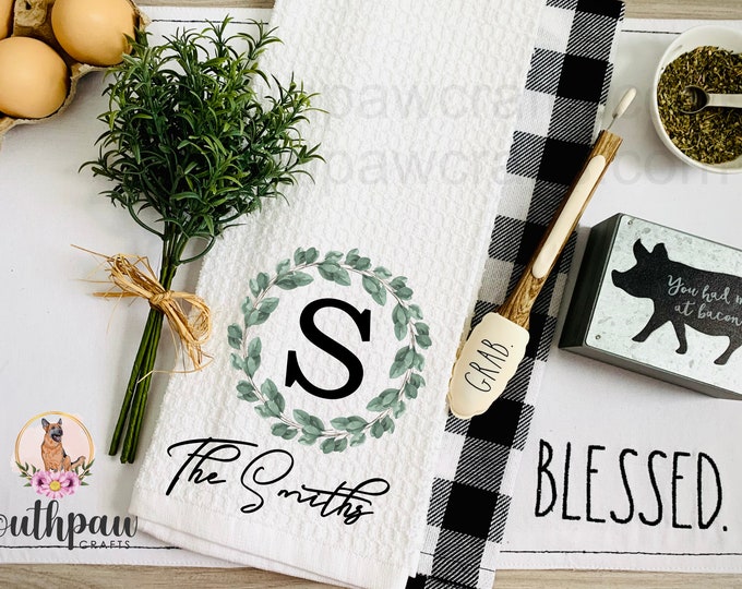 Personalized Farmhouse Kitchen Towels Greenery Monogrammed Towel