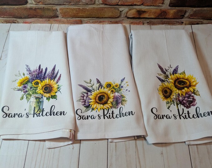 Personalized Farmhouse Kitchen Towels Custom Kitchen Towels with Sunflowers Country Feel