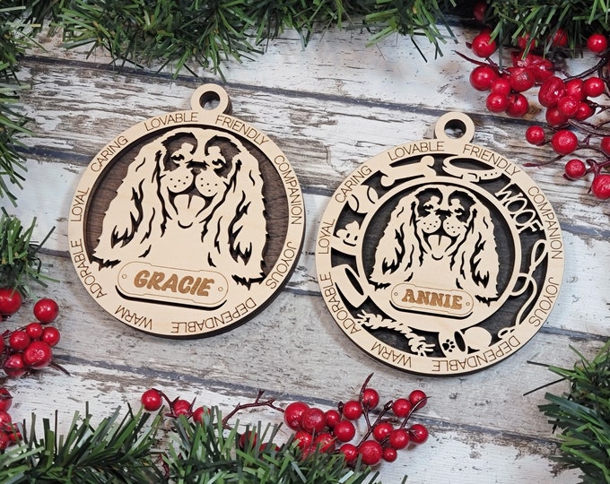 Personalized King Charles, English Springer, Cocker or Irish Water Spaniel Dog Ornament with Dog's Name