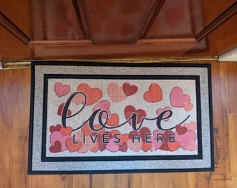 Valentine's Day doormat Love Lives Here with Farmhouse Pink Hearts for Outside Or Inside Use
